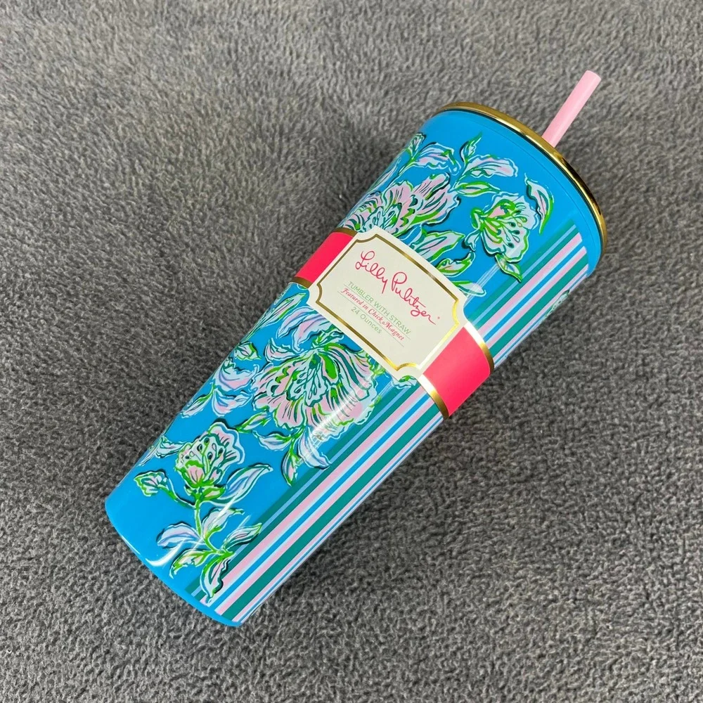 Lilly‎ Pulitzer Tumbler with Straw OS Blue Chick Magnet Floral 24 oz Travel Cup